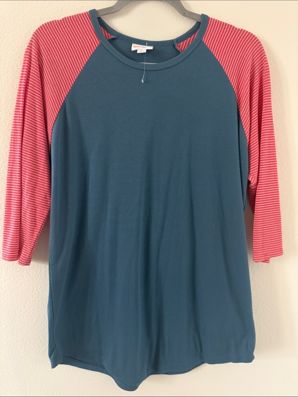 LuLaRoe Teal Body with Pink Striped Raglan Sleeves